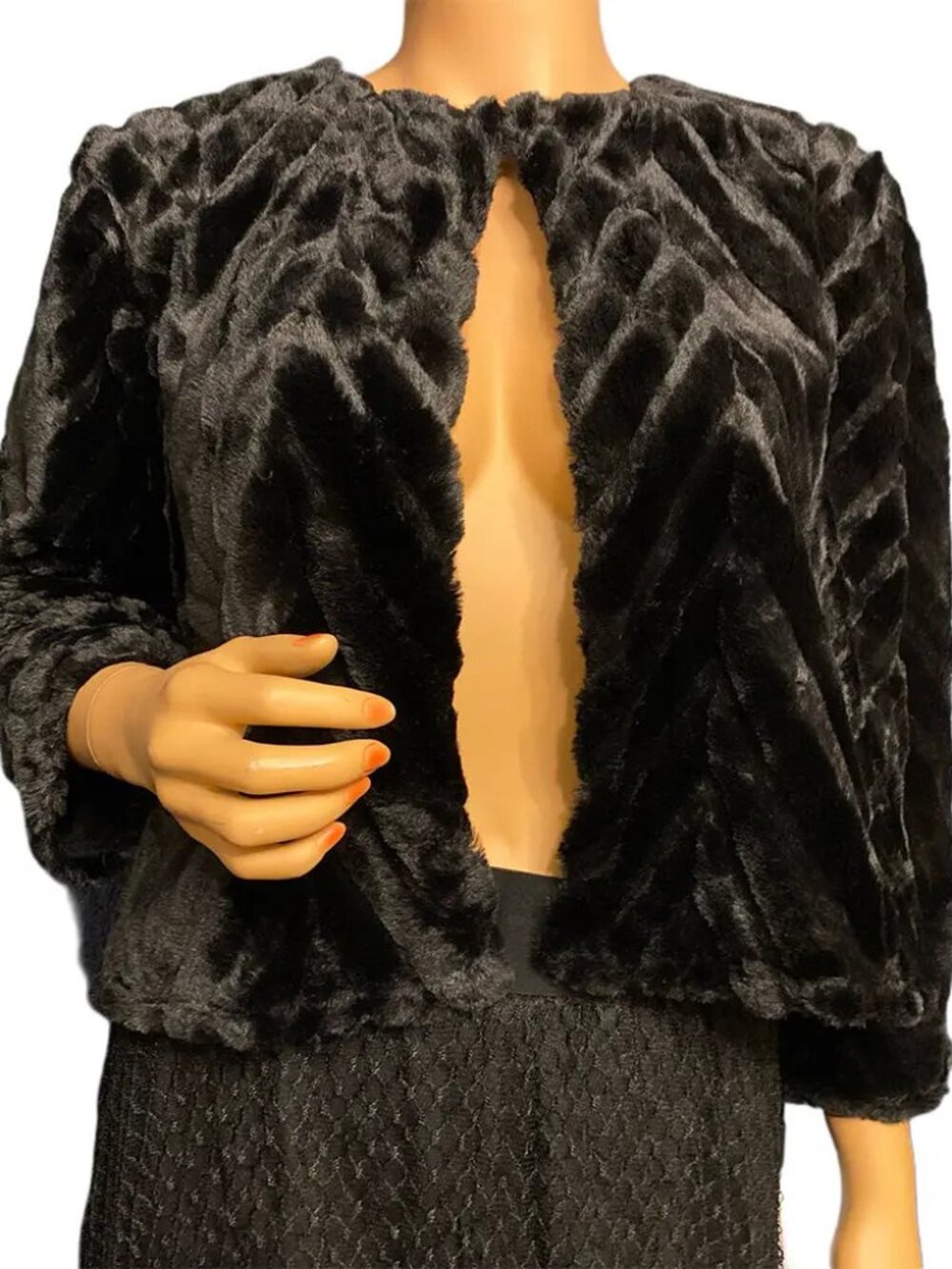 Calvin Klein Cropped Faux Fur Jacket Black Open Front XL